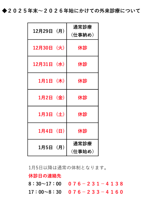 年末年始の診療体制について