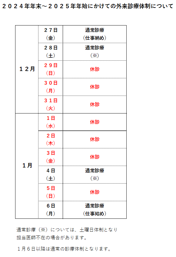 年末年始診療体制について